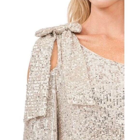 CeCe Womens Dress Medium NWT Bow Shoulder Long Sleeve Sequin Champagne Cocktail - Picture 5 of 13